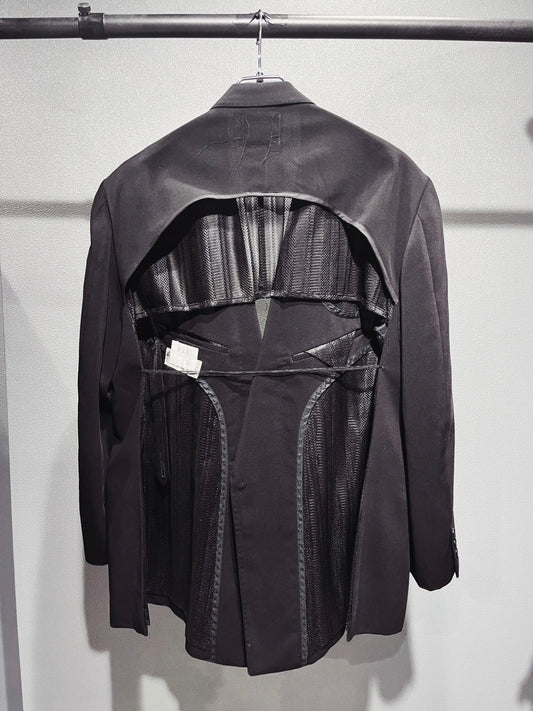 SAIKOUCHIKU Back-Open Mesh-Lined Double-Breasted Black Jacket