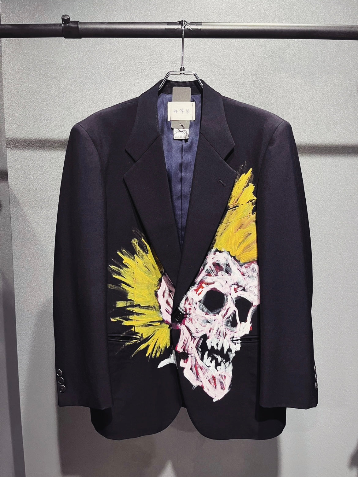 SAIKOUCHIKU Skull & Wing Art-Paint Single-Breasted Navy Jacket